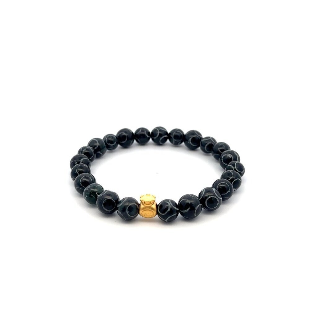 24K Gold Money Bag Charm Bracelet Gemstones Natural Black Carved Jade 8mm S 6.5"